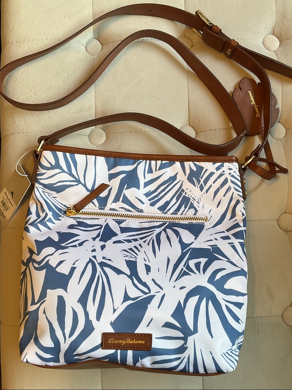 Tommy Bahama Blue and White Palm-Print Crossbody with Brown Strap